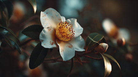 Elegant White Camellia Blossom with Vibrant Golden Stamens in Natural Settingの素材