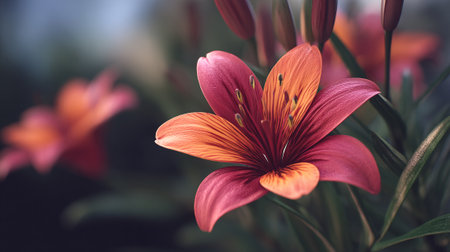 Striking Lily Blossom Displaying Vibrant Colors in a Natural Garden Settingの素材