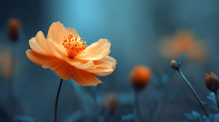 Serene peach colored Cosmos flower with an ethereal blue backgroundの素材