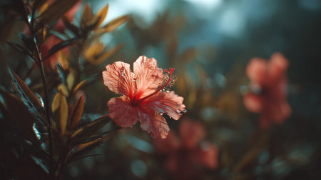 Delicate hibiscus flower with dew drops glistening in natural light.の素材