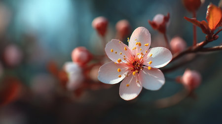 Delicate pink blossom on branch, softly glowing in springtime lightの素材