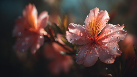 Delicate pink alstroemeria flowers, water droplets sparkling in the sunlightの素材
