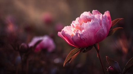 Light catches the blooming petals of a vibrant pink peony.の素材