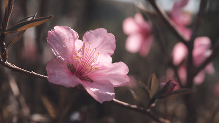 Delicate Pink Flower Blossom on Branch in Soft Lightの素材