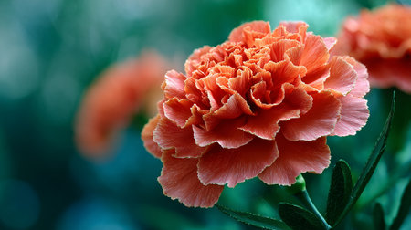 A beautiful orange carnation flower blooms against a muted green backdrop.の素材