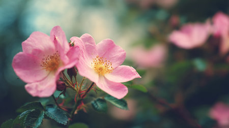 Delicate Pink Wild Roses Blooming in a Serene Garden Settingの素材