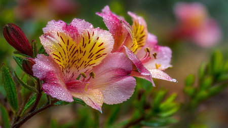 Dew-Kissed Alstroemeria Flowers: Vibrant Pink and Yellow Peruvian Liliesの素材