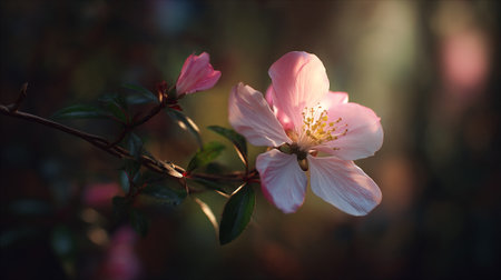 Delicate Pink Blossom Branch Bathed in Golden Sunlight Glowの素材