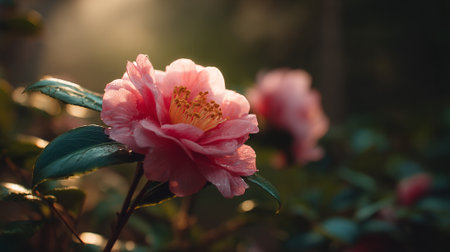Soft Pink Camellia Blossom Lit by Morning Sun Glowの素材