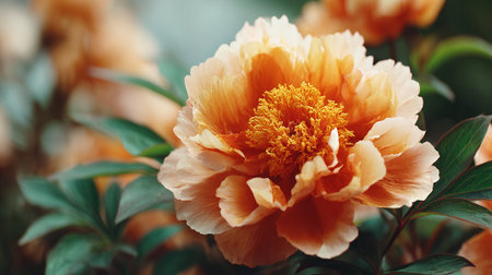 Exquisite peach peony flower with vibrant golden center and green leaves.の素材
