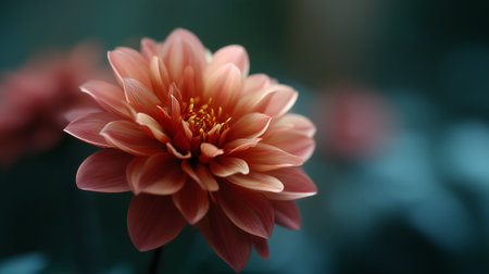 Elegant salmon dahlia flower softly unfolds against a blurred backdrop beautifully.の素材