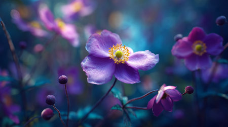 Dreamy purple anemone flower blossoms in a tranquil garden setting.の素材