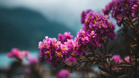 Vibrant purple rhododendron blossoms against a soft, blurred mountain backdropの素材