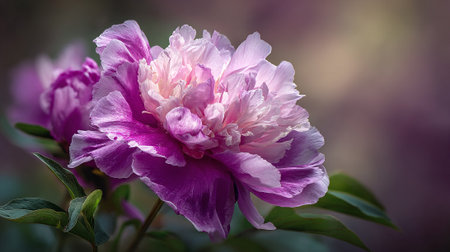 Captivating Pink and Purple Peony Blossom with Soft Bokeh Backgroundの素材