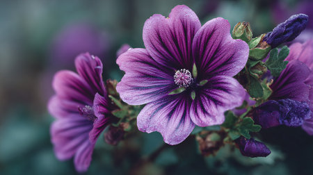 Enchanting purple flowers bloom gracefully, adorned with tiny water droplets.の素材