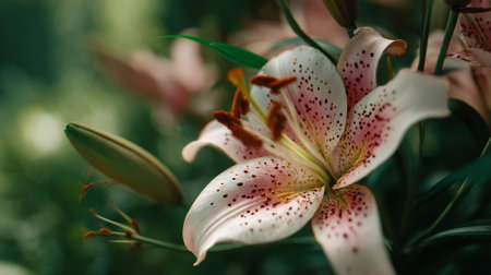 Elegant Lily Blossom with Delicate Pink Speckles and Lush Greeneryの素材