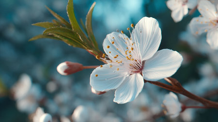 Delicate White Blossom with Golden Pistils Against a Blurred Blue Skyの素材