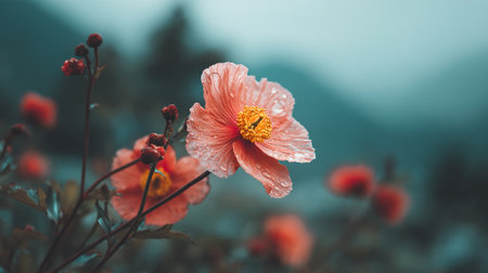 Soft Peach Flowers with Dew Drops Against Misty Blue Backgroundの素材