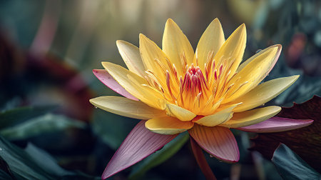 Elegant yellow water lily bloom with vibrant pink accentsの素材