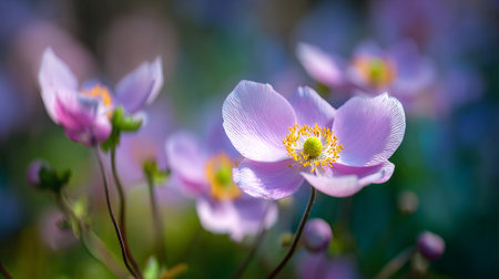 Delicate pink anemone flowers with golden centers on blurred backgroundの素材