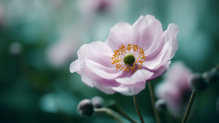 Serene Pink Anemone Flower with a Soft Green Backgroundの素材