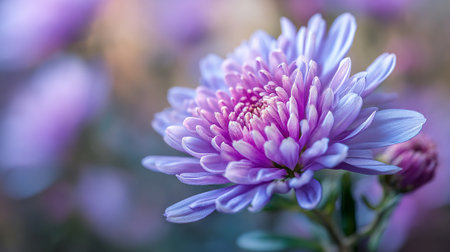 Captivating lavender chrysanthemum in a delicate, dreamlike botanical setting.の素材