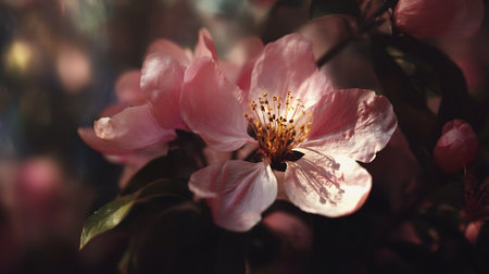Captivating pink crabapple blossom unfolding in sunlight with dark foliage surrounding it.の素材