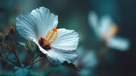 Elegant White Hibiscus Blossom with Vivid Details on Dark Backdropの素材