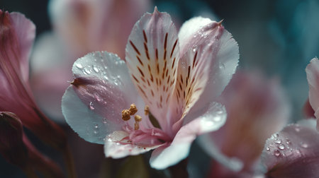 Delicate Pink Alstroemeria Blooms Sparkling with Dewdrops in the Gardenの素材