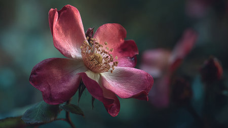 Delicate rose blossom in soft light against a dark backgroundの素材