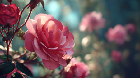 Delicate Pink Roses in Soft Sunlight Create a Dreamy Sceneの素材