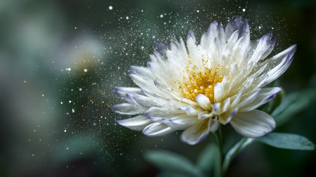 Ethereal white flower with golden glitter against a dark background.の素材