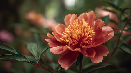Radiant Peony Blossom with Lush Green Leaves in Soft Focus Settingの素材