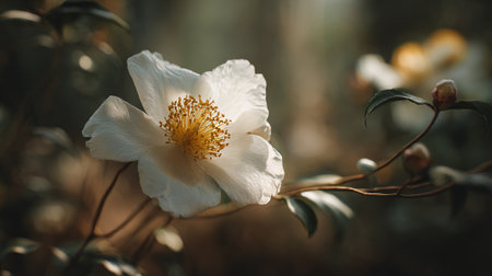 Delicate White Sasanqua Flower Blossoming in Natural Lightの素材