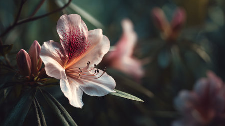 Delicate pink azalea blossom featuring red pattern and prominent stamenの素材