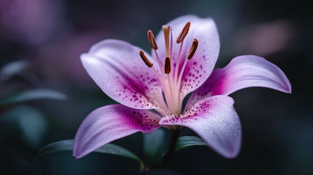 Dreamy Pink Lily Flower Blossom with Dew Droplets Macro Shotの素材