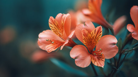 Dreamy Macro Image of Beautiful Salmon Pink Alstroemeria Flowersの素材
