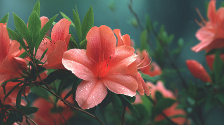 Vibrant Peach Azalea Blooms in Lush Green Foliageの素材
