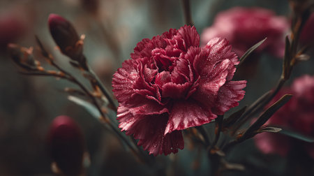 Dark Red Carnation with Water Droplets Displays Artistic Beautyの素材