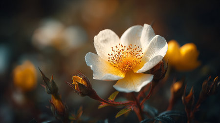 Delicate Wild Rose Blossom in Warm Sunlight, Beauty of Natureの素材