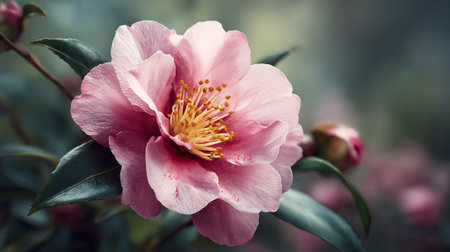 Elegant Pink Camellia Blossom with Soft Focus and Green Leavesの素材