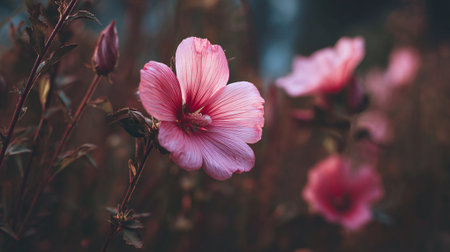 Delicate pink hibiscus bloom in soft, diffused sunlight.の素材