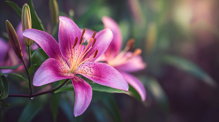Vibrant pink stargazer lily in natural garden setting blossoms beautifullyの素材