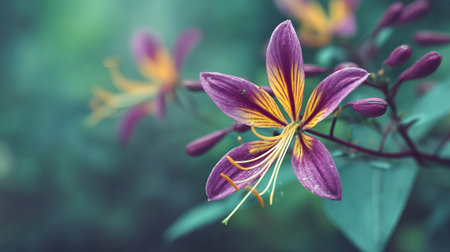 Exotic Purple Lily Blooms with Yellow Highlights in Soft Focusの素材