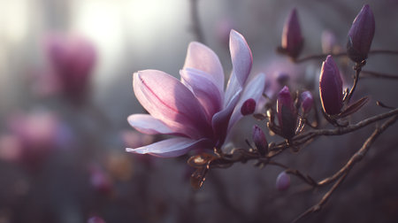 Elegant magnolia blossom and buds in soft, romantic lightingの素材