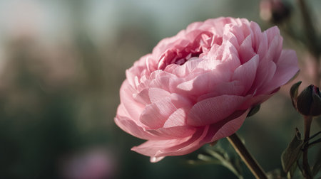 Delicate pink ranunculus bloom in soft sunlight, a captivating natural wonderの素材