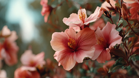 Elegant peach-toned hibiscus blossoms with a soft bokeh backgroundの素材