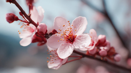 Delicate Pink Blossoms Adorn Branch Against Sky Blue Backgroundの素材