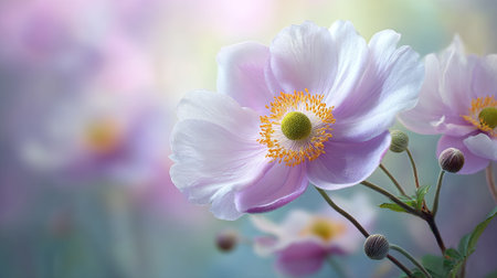 Delicate pink anemone flower with a soft, dreamy background.の素材