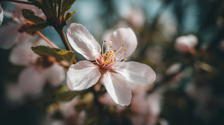Delicate white cherry blossom blooms with vibrant golden stamen.の素材